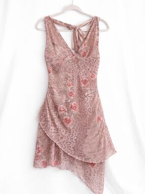 Soleia Leopard Floral Mini Dress Halter Tie Asymmetrical Hem Y2K